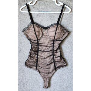 Rabbit Rose Illusion Bodysuit Top Ruched Mesh Ruffle Dot Coquette Corset Pinup M
